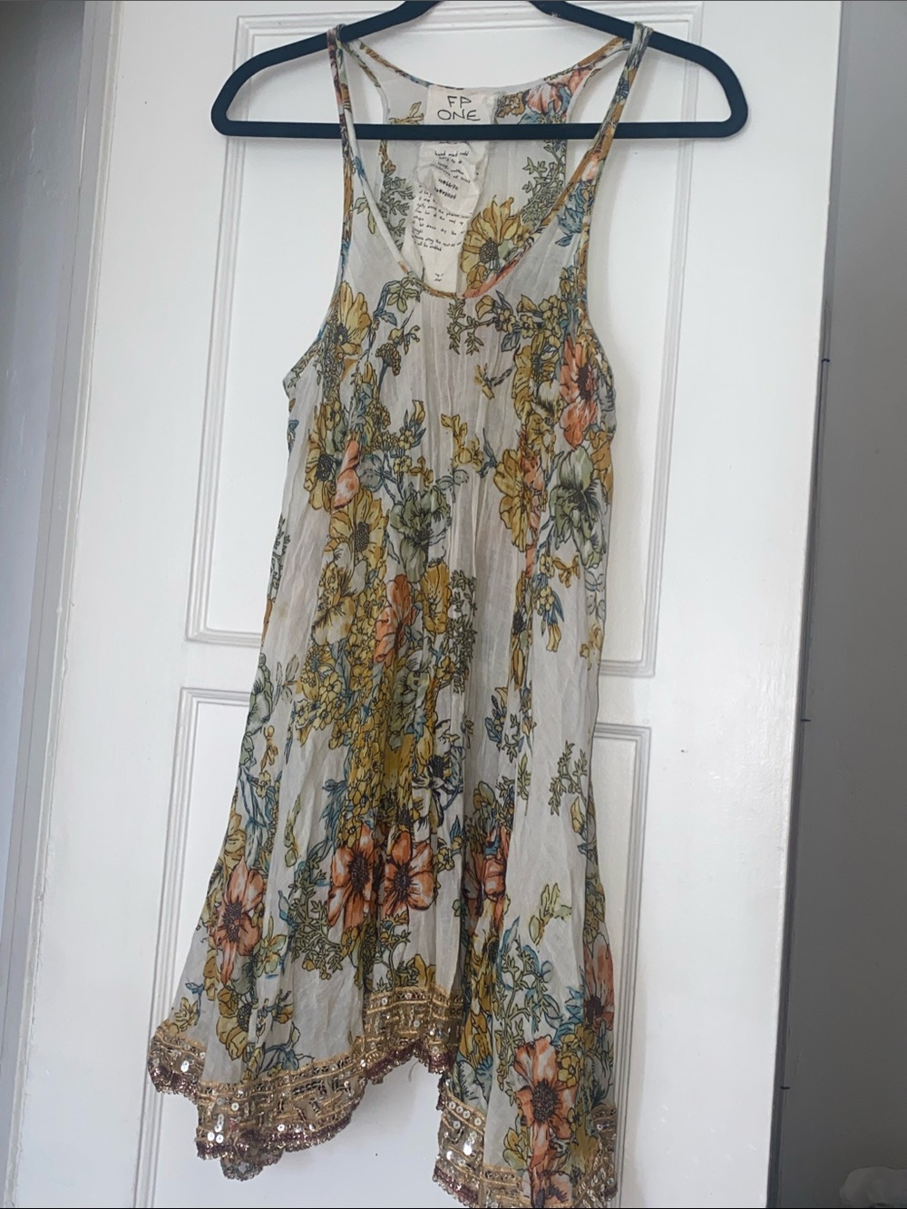 Free People One Floral Sequin Hem Slip Dress Cream with Yellow & Orange 
Size S